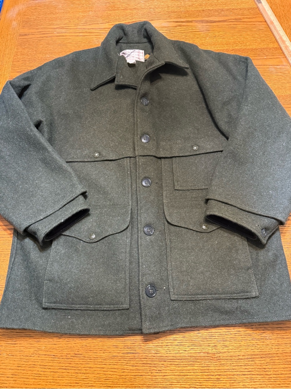 Filson Vintage Double Mackinaw Green 100% Wool Size 46”-Made In USA